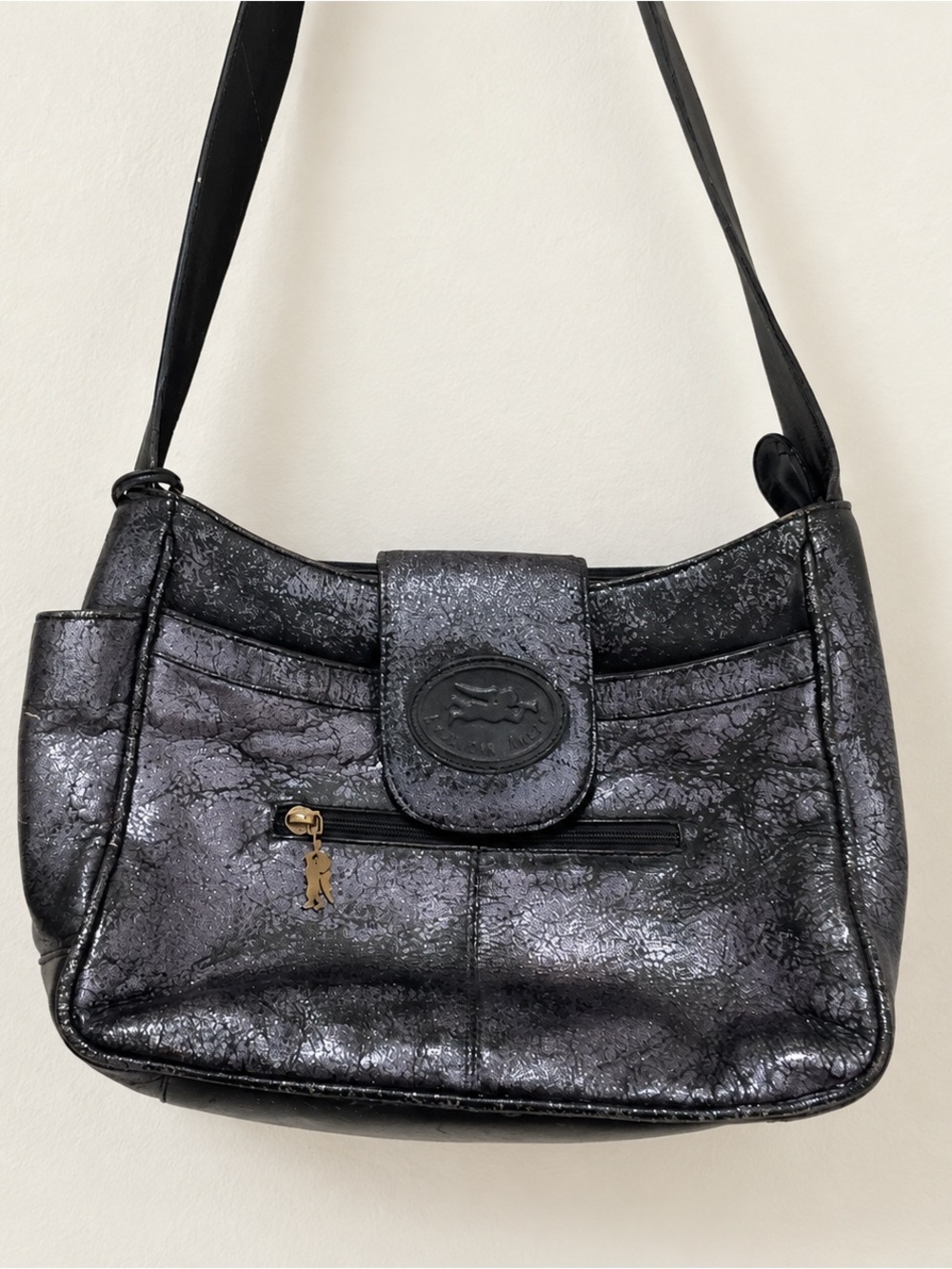 Black Metallic Shoulder Bag with Front Zip Pocket